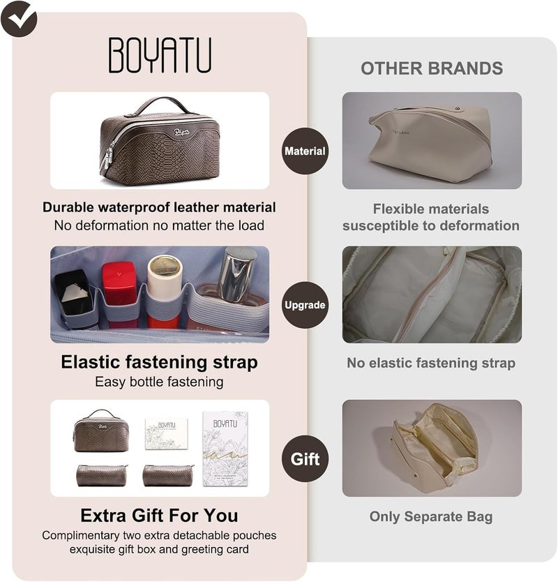 BOYATU Travel Makeup Bags for Women: 3 Pcs Set Wide Open Cosmetic Bag - Portable Make up Bags with Handle - Vegan Leather Toiletry Organizer Bag with Divider (G-03-Coffee) - Image 5
